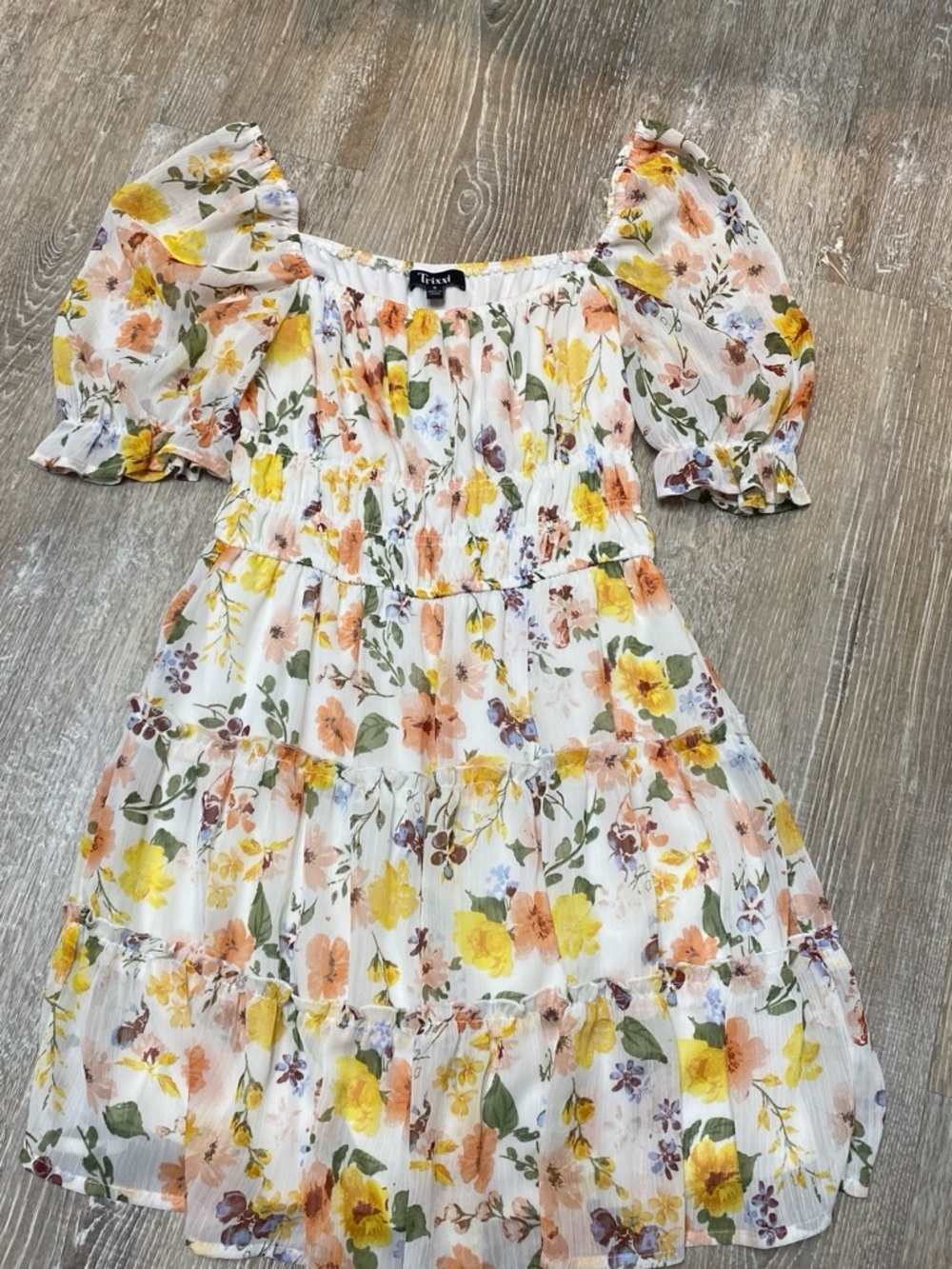 Trixxi White Floral Tiered Puff-Sleeve Kids Dress - Yellow & Peach Flowers